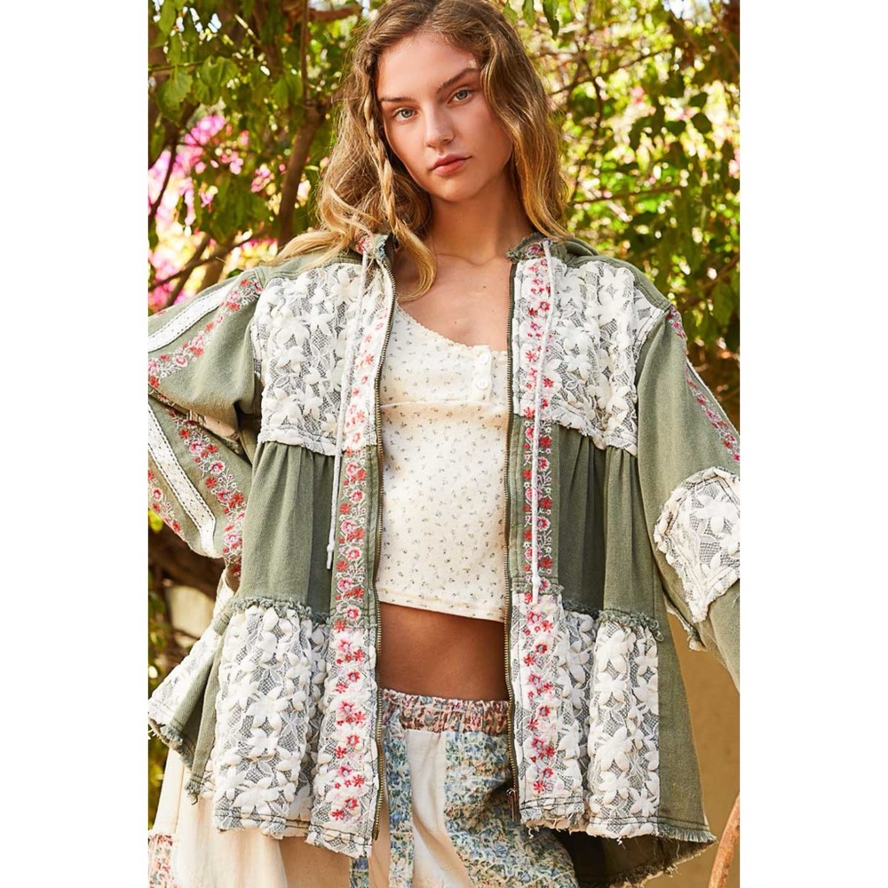 POL Olive Denim Patchwork Hoodie Jacket | Lace Patch Floral Embroidery - Picture 3 of 8